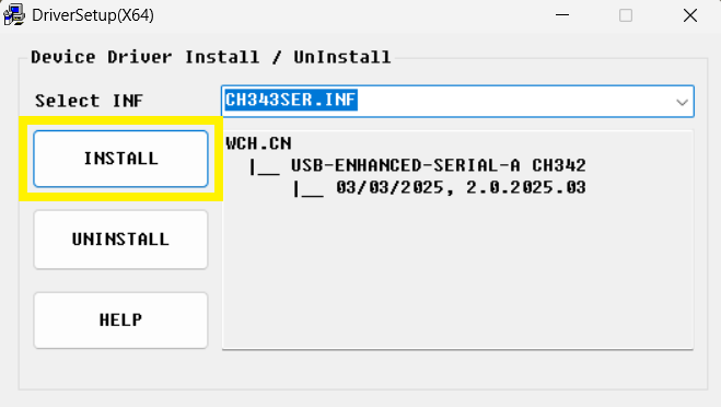 배경은 CH343SER 드라이버 화면, (INSTALL,UNINSTALL,HELP) 3개 옵션이 있으며 INSTALL이 강조됨